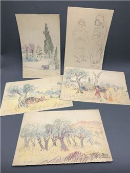 Cinq dessins au crayon de couleur de paysages de Tunisie - Gabrielle Izaure Dezès