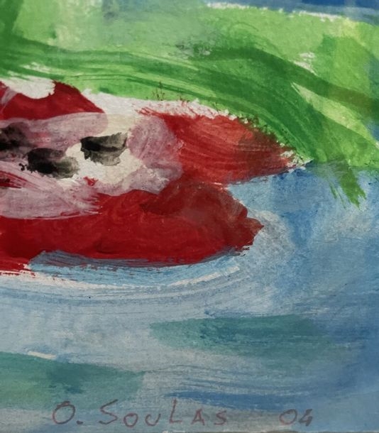 Artwork by Olivier Soulas, Couple of dancers, Two frogs, Frog, Self-portrait, Made of Huile sur carton