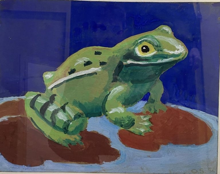 Artwork by Olivier Soulas, Couple of dancers, Two frogs, Frog, Self-portrait, Made of Huile sur carton
