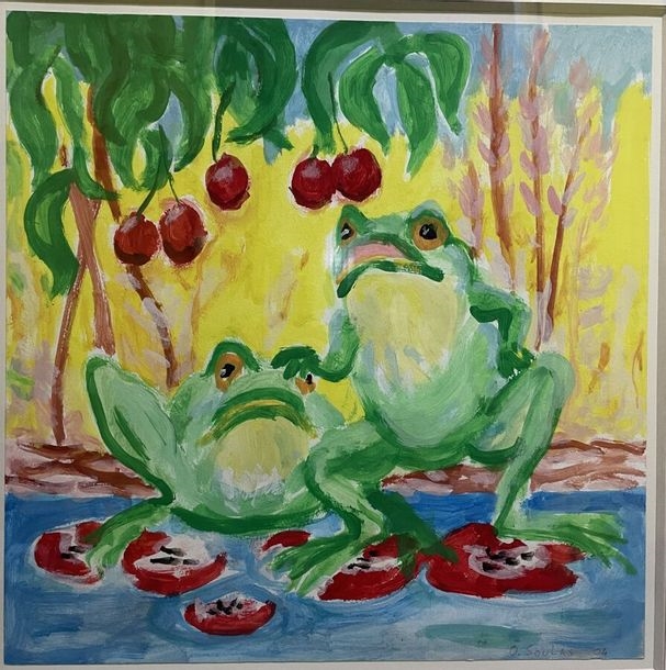 Artwork by Olivier Soulas, Couple of dancers, Two frogs, Frog, Self-portrait, Made of Huile sur carton