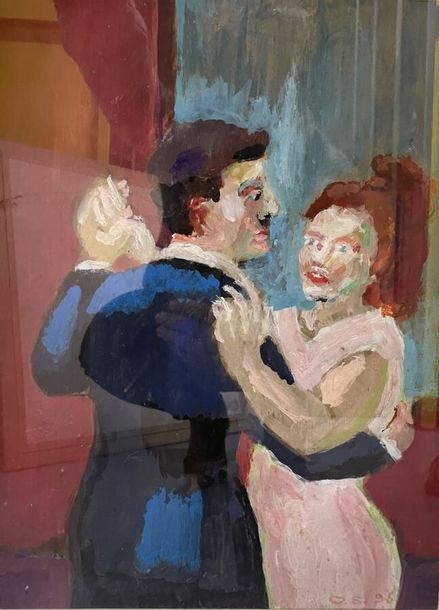 Artwork by Olivier Soulas, Couple of dancers, Two frogs, Frog, Self-portrait, Made of Huile sur carton