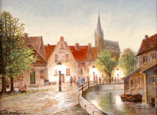 Helmut Kips | Krefreld Holländisches Städtchen im Abendlicht mit Kanal ...