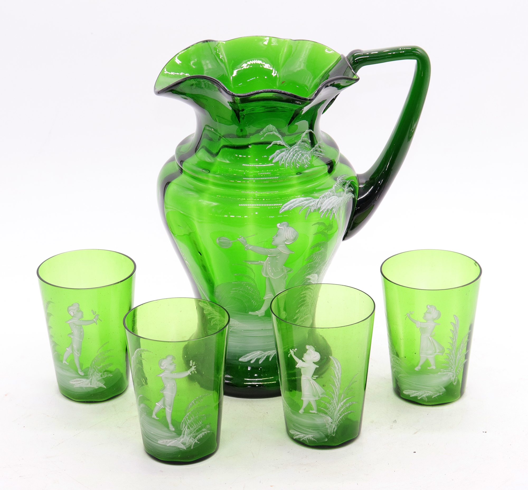 Artwork by Mary Gregory, Rare antique Mary Gregory green glass drinking set, Made of green glass