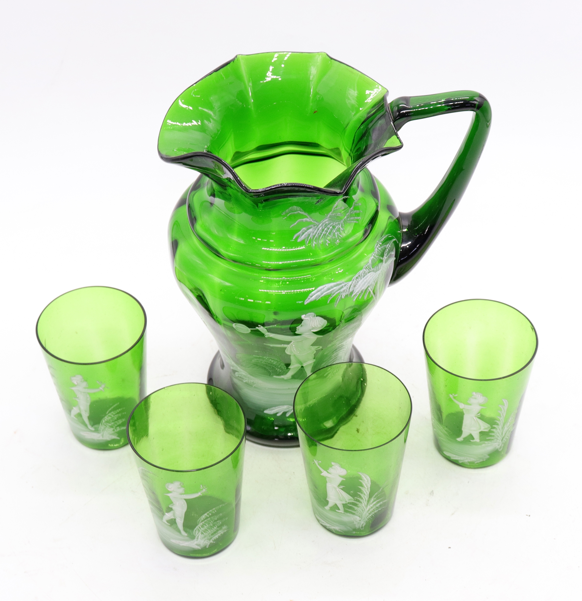 Artwork by Mary Gregory, Rare antique Mary Gregory green glass drinking set, Made of green glass