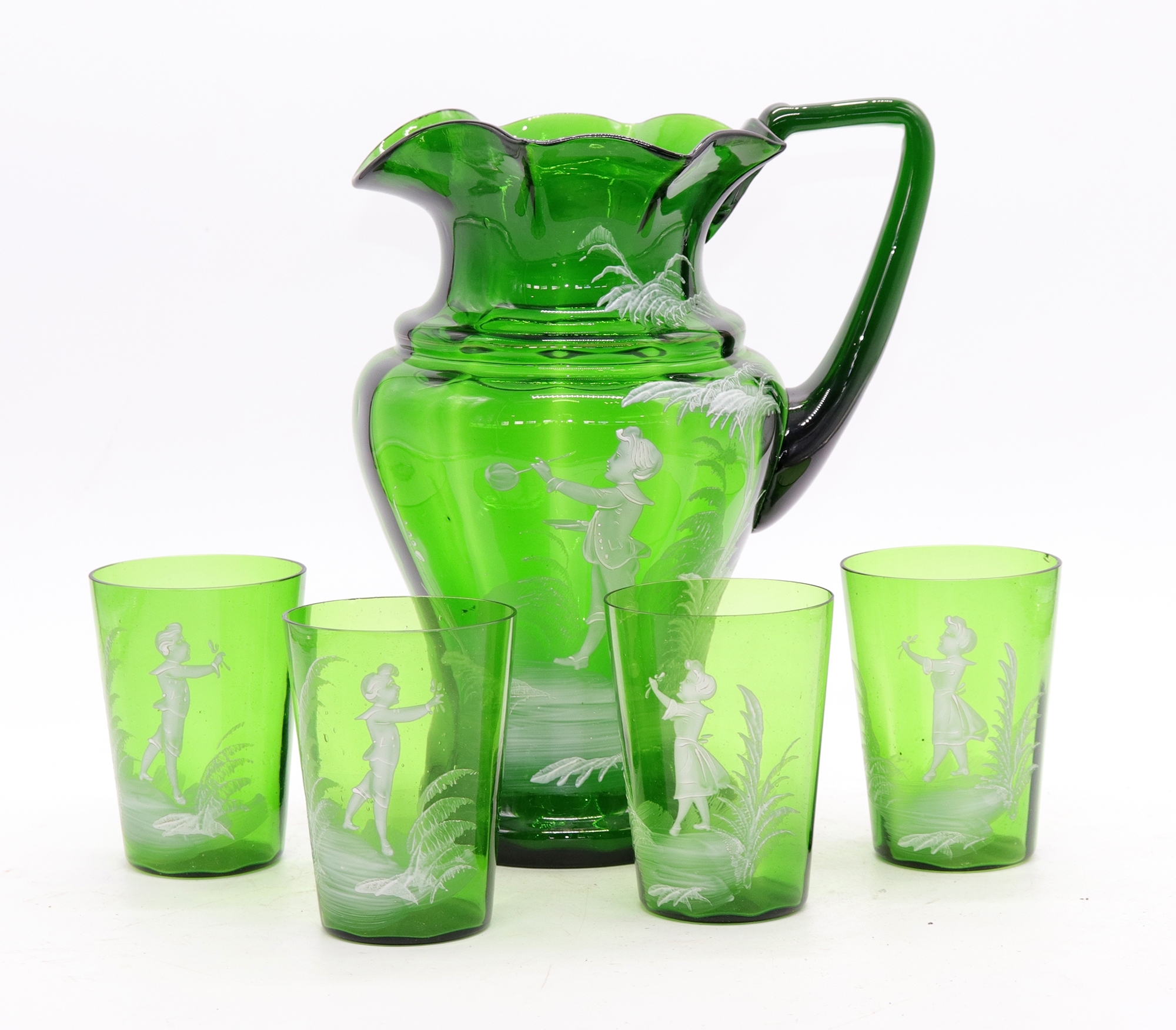 Artwork by Mary Gregory, Rare antique Mary Gregory green glass drinking set, Made of green glass