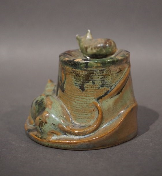 Artwork by Denbac, Earthenware inkwell decorated with two cats