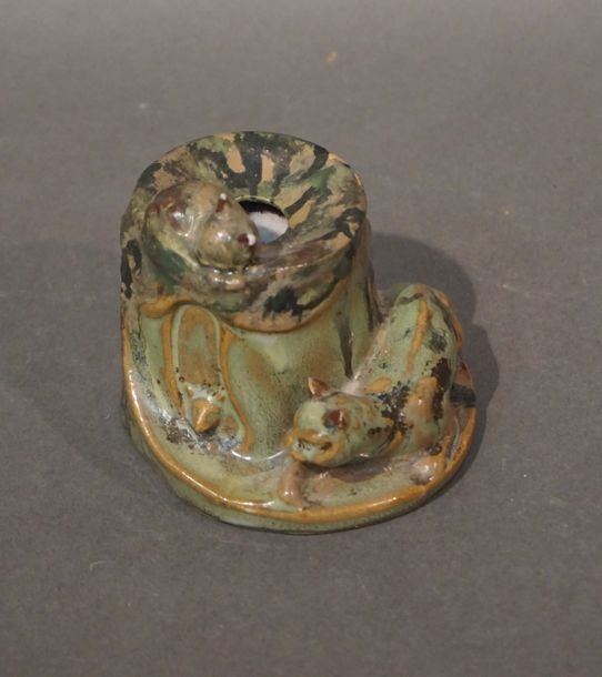 Artwork by Denbac, Earthenware inkwell decorated with two cats