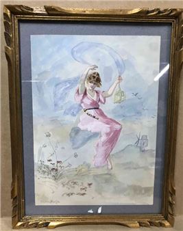 Charles RIEFFER (1862-1942) Femme en rose Aquarelle signée en bas à gauche - Charles Rieffer