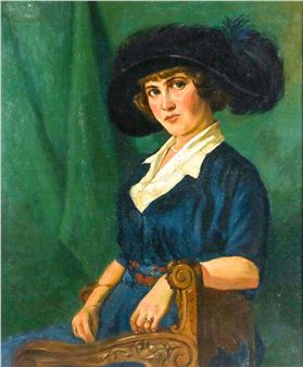 Portret van dame met verenhoed - Dezso Bardocz