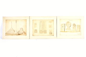 , three ecclesiastical architectural studies in pencil, watercolour and wash. All on paper, mounted, comprising: Crosses (from Welsh Churches) - Edward Falkener