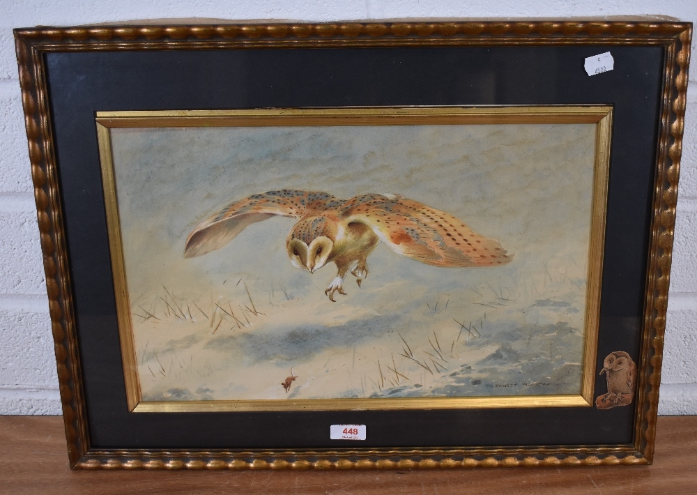 Artwork by Hawley Morgan, a mouse fleeing an approaching barn owl within a winder landscape, Made of watercolours