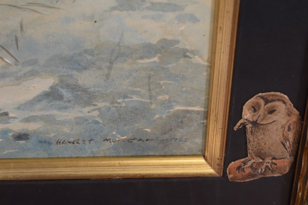 Artwork by Hawley Morgan, a mouse fleeing an approaching barn owl within a winder landscape, Made of watercolours