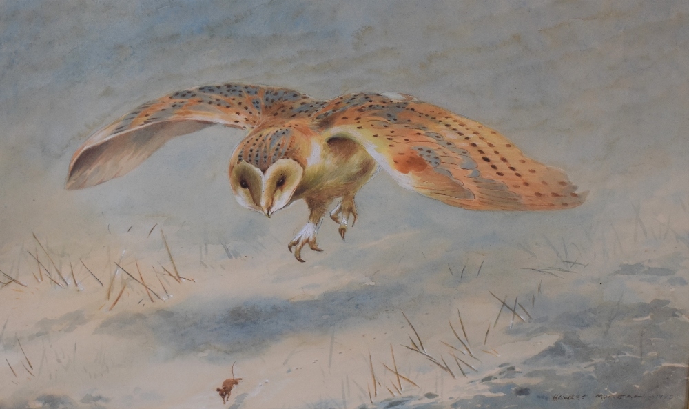 Artwork by Hawley Morgan, a mouse fleeing an approaching barn owl within a winder landscape, Made of watercolours