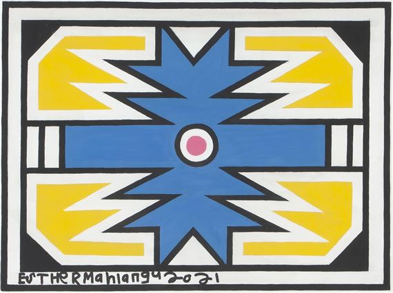 ) NDEBELE PATTERN IN YELLOW, BLUE, PINK AND WHITE by Esther Mahlangu, dated 2021