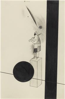 A monochromatic drawing of a figure playing a flute atop a pedestal, surrounded by abstract geometric shapes and a dark vertical bar.