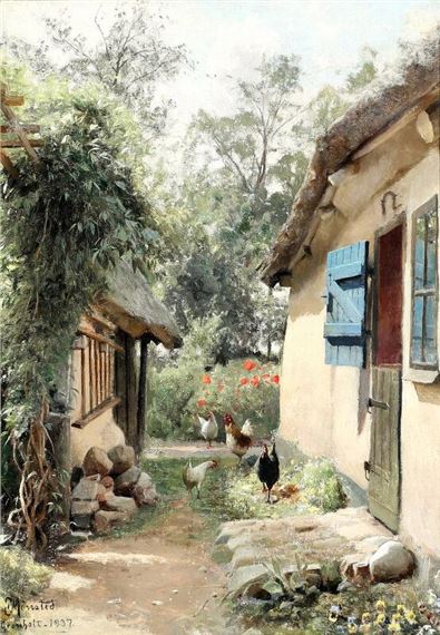 Chickens by the kitchen door by Peder Mork Monsted, 1937