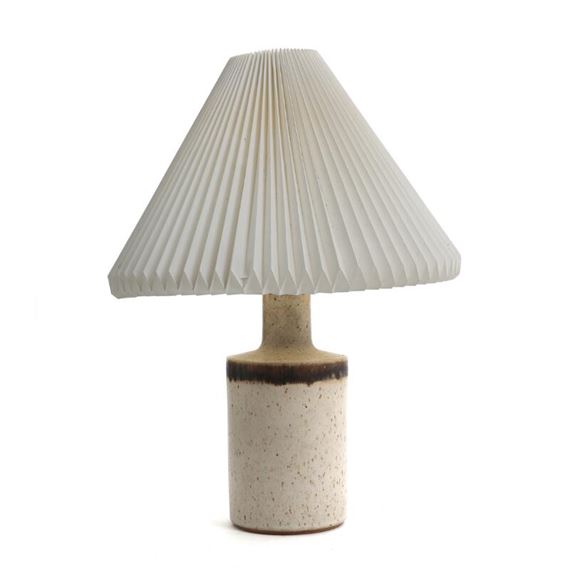A stoneware table lamp with light glaze and white pleated acrylic shade - Eigil Hinrichsen
