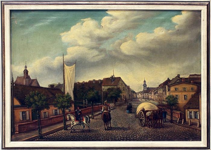 Artwork by F. Spieker, Blick auf Straße und Brücke mit Reiter und Pferdefuhrwerk, Made of oil on canvas