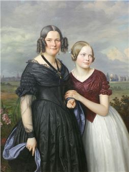 Bildnisse zweier Frauen, vor weiter Landschaftskulisse stehend, wohl Mutter und Tochter - Adolf Henning