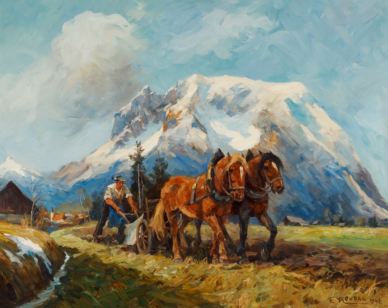 Franz Roubal | Pflügender Bauer vor dem Grimming (1948) | MutualArt