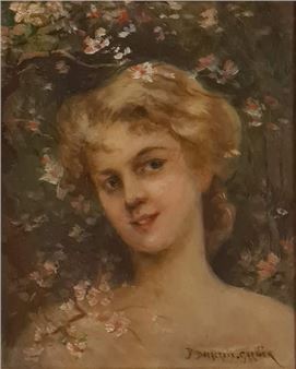 Bust of a young woman in front of a flowering apple tree - Pauline Delacroix-Garnier