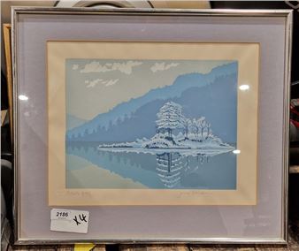 Snowy lake scene with clump of trees on an island - Jane Gardiner