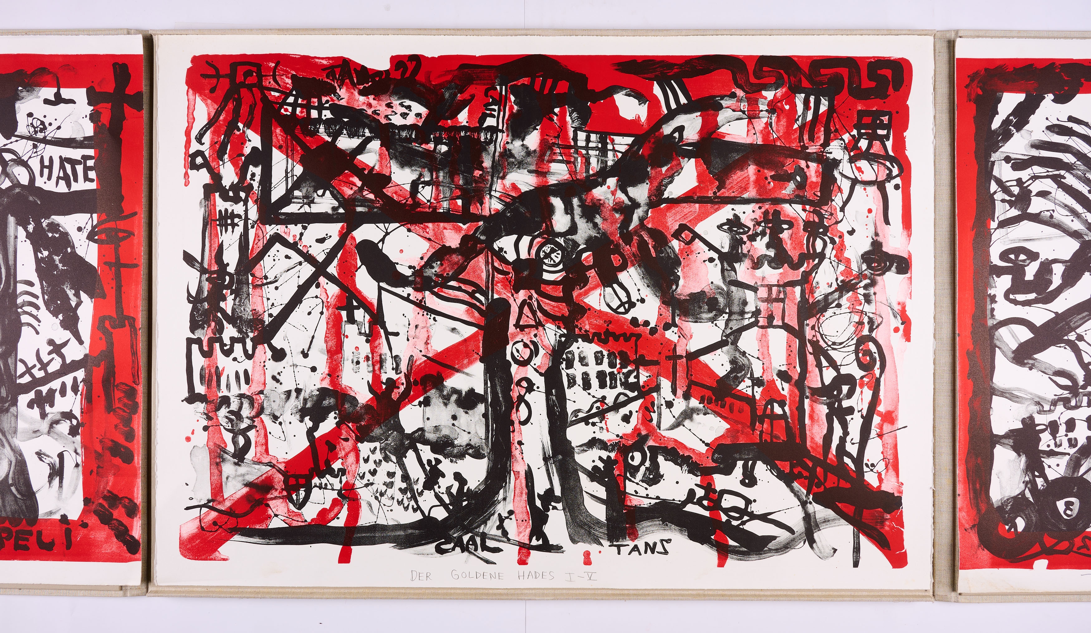 Artwork by Jonathan Meese, Der Goldene Hades I-V., Made of colour lithographs on BFK RIVES
