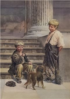 Street scene with two young chimney sweeps - Thomas W Couldery