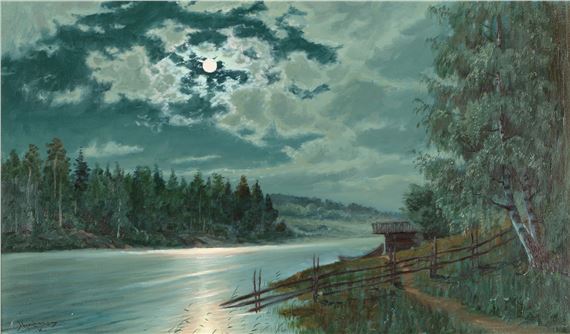 A nocturnal river scene under a bright moon with a rustic cabin on the bank.
