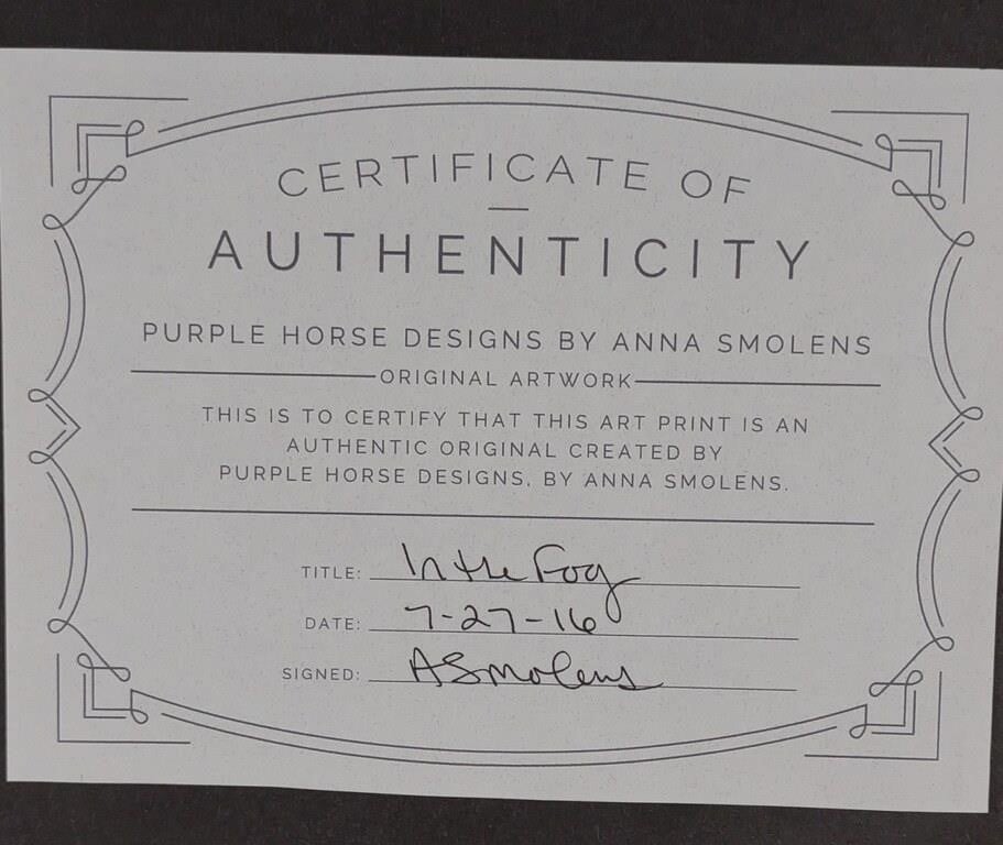 Artwork by Anna Smolens, Anna Smolens 'In The Fog' Horse Photo Print, Made of Black and white with black wooden frame