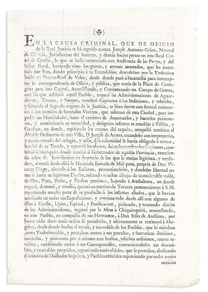 (COLOMBIA.) En la causa criminal . . . contra Joseph Antonio Galan. - Colombian School, 18th Century