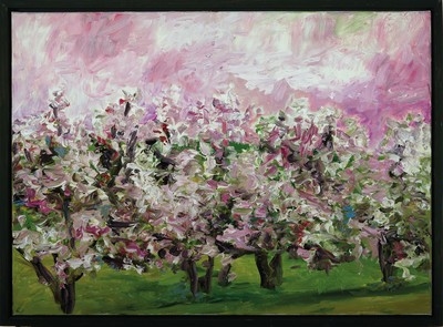 Artwork by Heide Fahlbusch, Group of blossoming almond trees in front of an atmospheric glowing sky, Made of oil on canvas