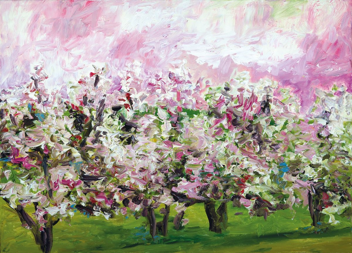 Artwork by Heide Fahlbusch, Group of blossoming almond trees in front of an atmospheric glowing sky, Made of oil on canvas
