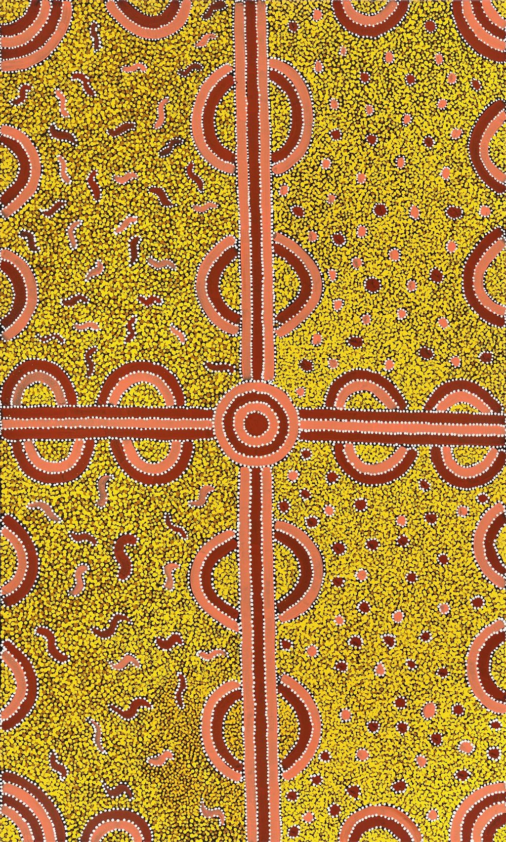 Artwork by Ronnie Bird Jangala, Campsite Dreaming, Made of acrylic on canvas