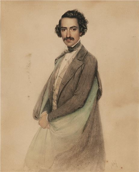 Pair of Portraits of Gentlemen: Young Man in Breastplate; Dark-haired Man in a Grey and Blue Cloak by Josef Kriehuber, 1847