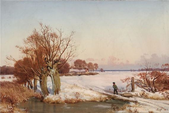 Winter landscape with a boy pulling a sack on a sledge through the snow by Frederik Carl Julius Kraft, 1854