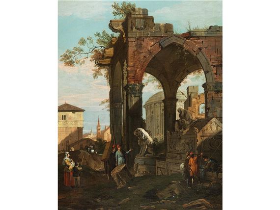 RUINENCAPRICCIO MIT RÖMISCH-ANTIKEN FIGUREN UND DENKMÄLERN SOWIE DER VEDUTE DER STADT PADUA