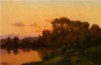 Lake landscape with trees at sunset - H. Saulieu