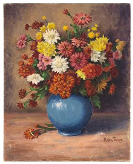 Still life with flowers in a blue vase. - Ellen Turner