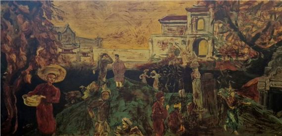 Animated scene in an Indochinese village - Louis Thibon