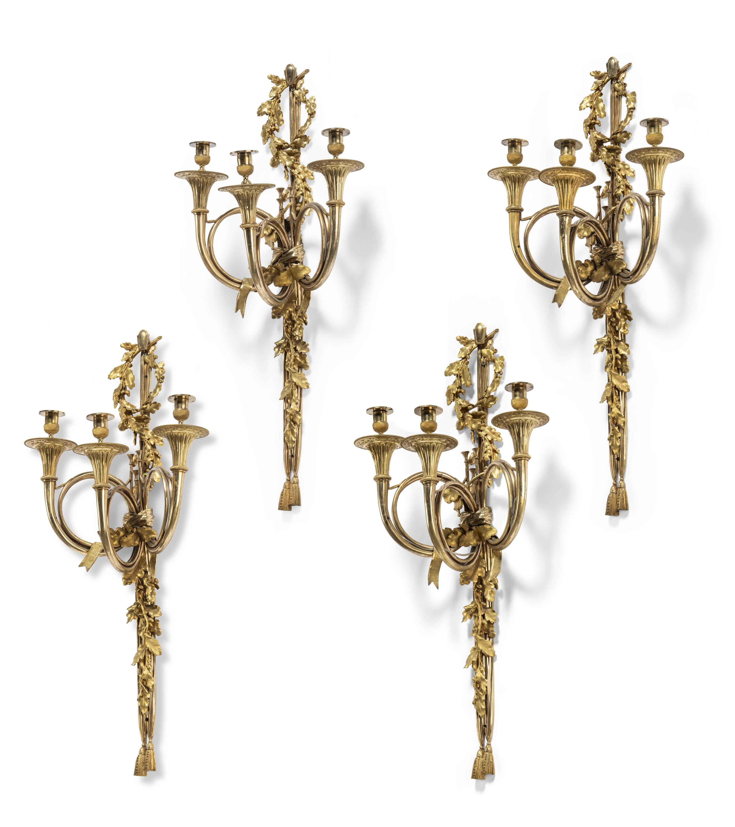 Artwork by Edme-jean Gallien, Pierre Bureaux, A SET OF FOUR EMPIRE ORMOLU THREE-BRANCH WALL-LIGHTS, Made of oak-leaf and acorn trails