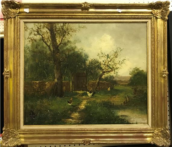 Chickens by water's edge with gate in wall by A. Morot