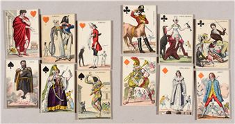A collection of vintage playing cards featuring historical figures in period costumes.