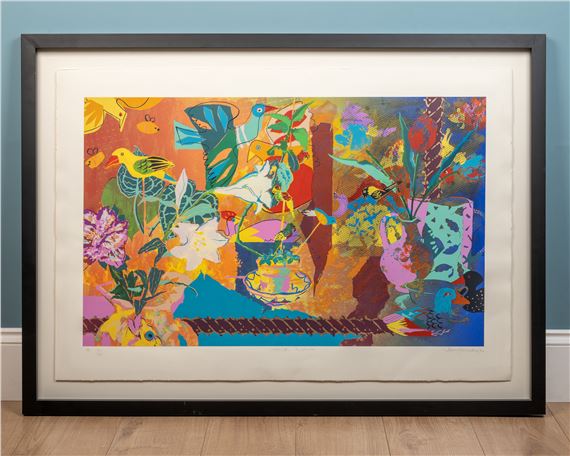 A vibrant, colorful print featuring a dense composition of birds, flowers, and abstract shapes.