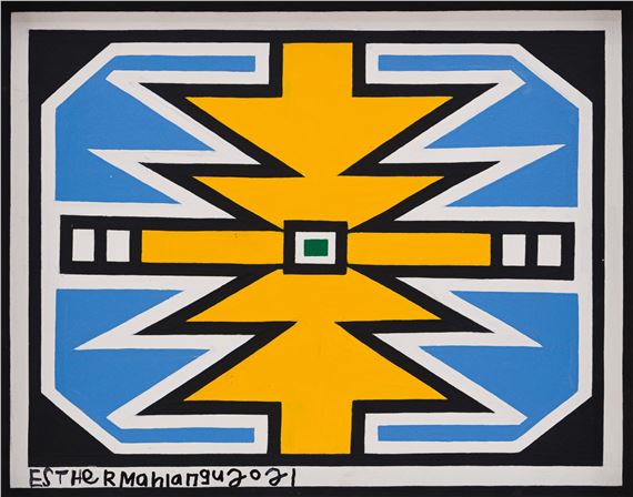 Untitled (Ndebele Pattern in Yellow and Blue) by Esther Mahlangu, dated 2021