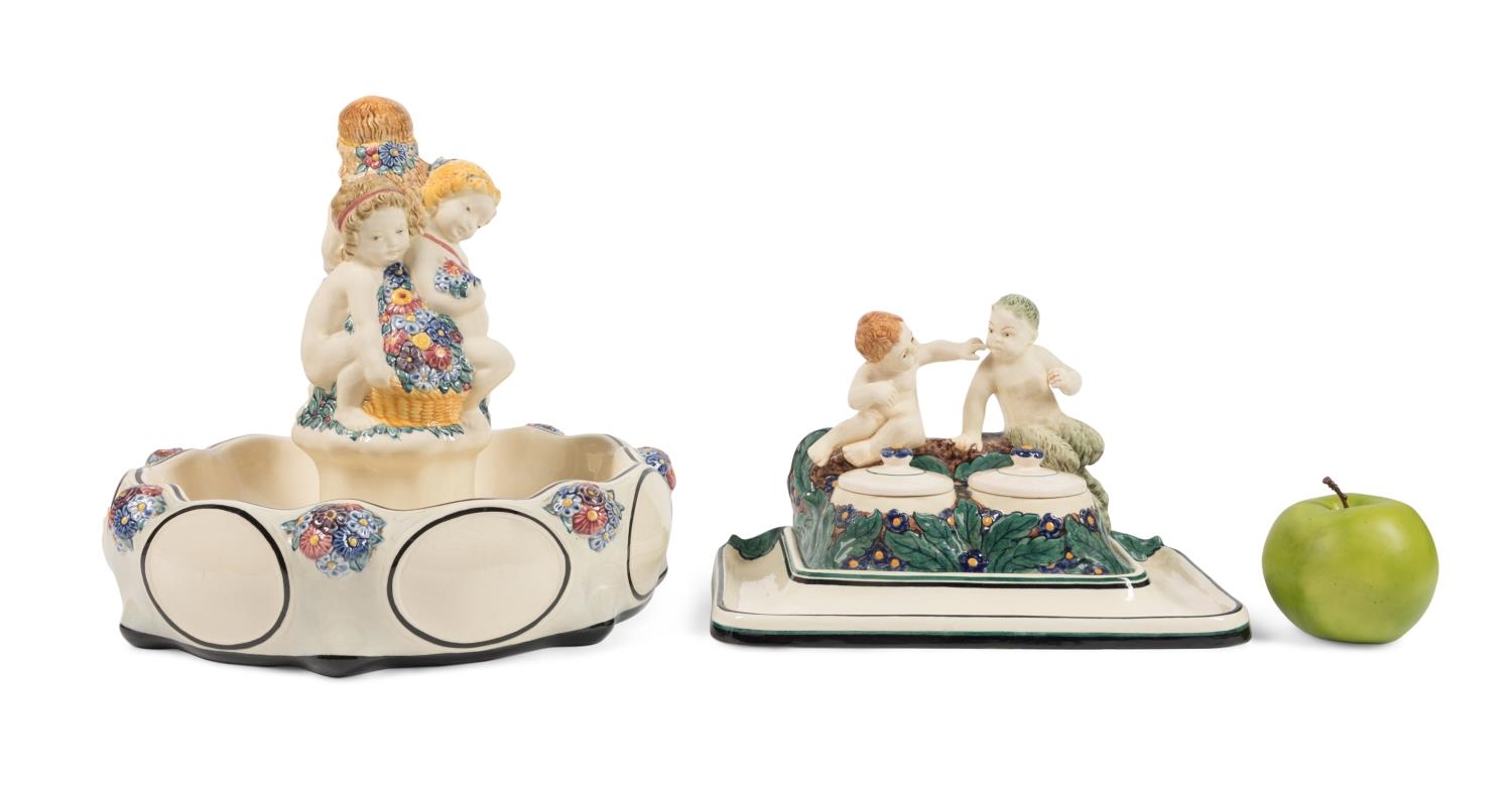 Wilhelm Süs WILHELM SUS FOR KARLSRUHE MAJOLIKA BOWL & INKSTAND (1901