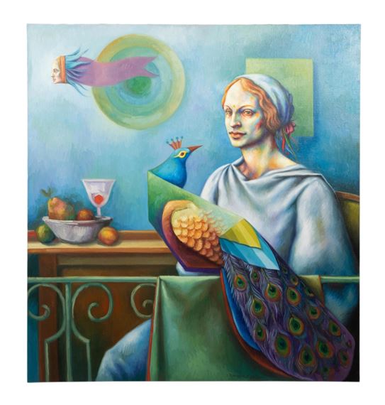 Woman in Blue with a Peacock by Guy Robinson, 1949