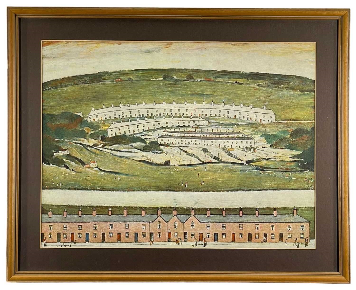 A layered landscape painting showing terraced buildings on a hill and a row of houses at the bottom.