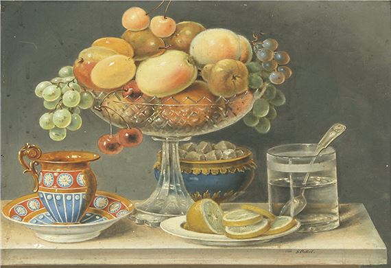 Johann Samuel Ockel | Stilleben mit Früchteschale und Teegeschirr. (1830)