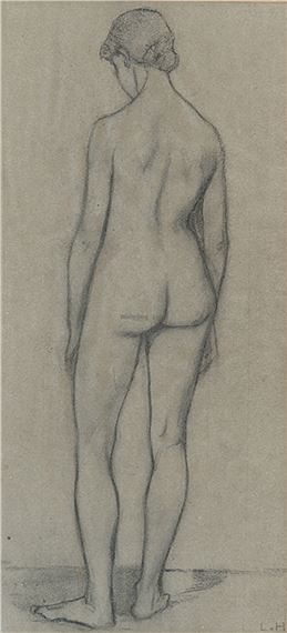 Stehender weiblicher Rückenakt.